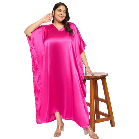 Gypsie Blu Satin Solid Pink Maxi Dress Evening Wear Nighty Caftan Dresses Gown - Picture 7 of 7